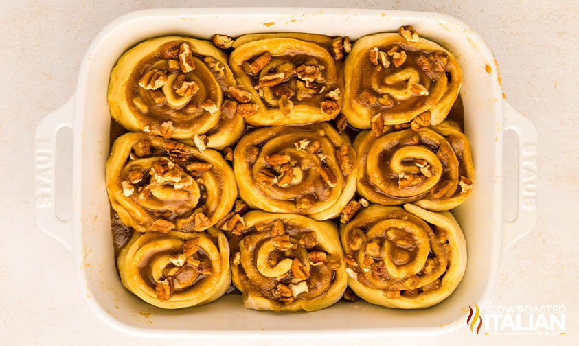 maple cinnamon rolls in a baking dish