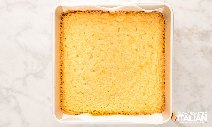 baked shortbread in a square baking pan