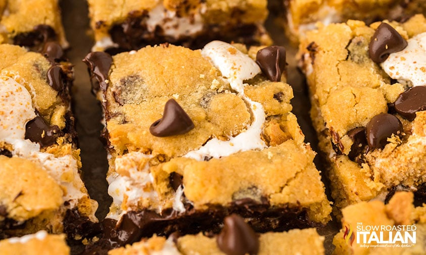 closeup of sliced s'mores cookie bars