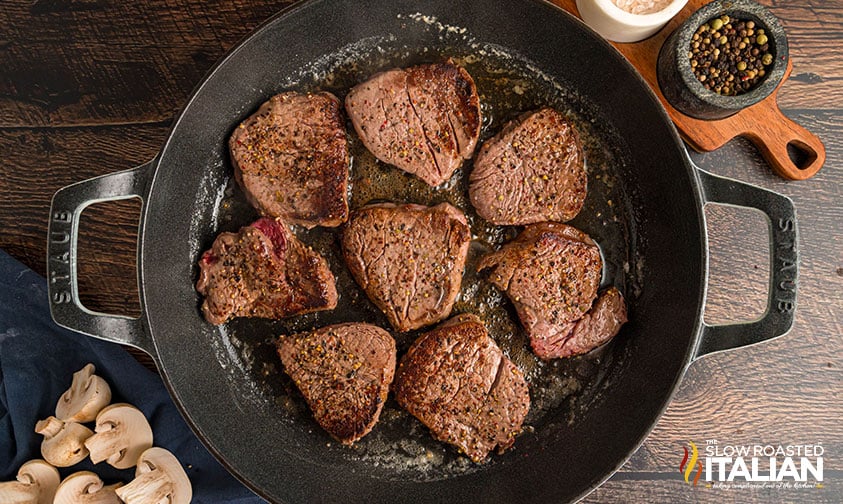 seared steak in cast iron skillet