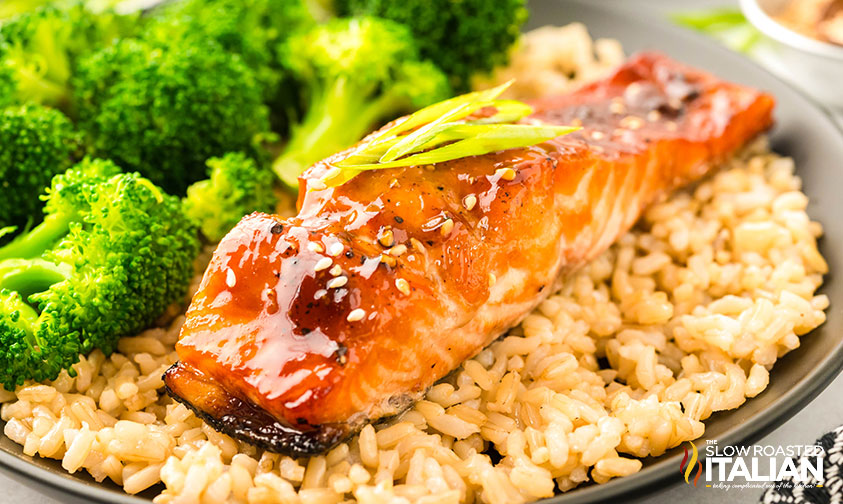 air fryer teriyaki salmon on a bed of brown rice