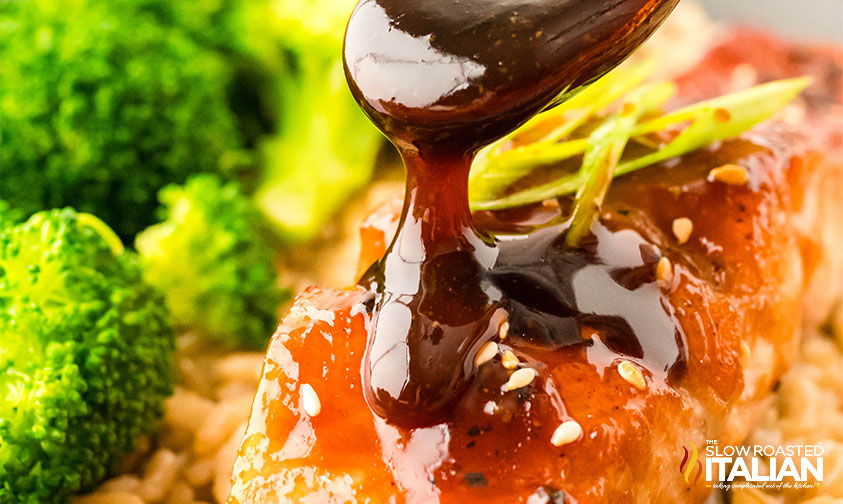 closeup of teriyaki sauce over air fryer salmon