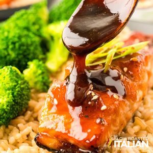 drizzle of teriyaki sauce on air fryer salmon