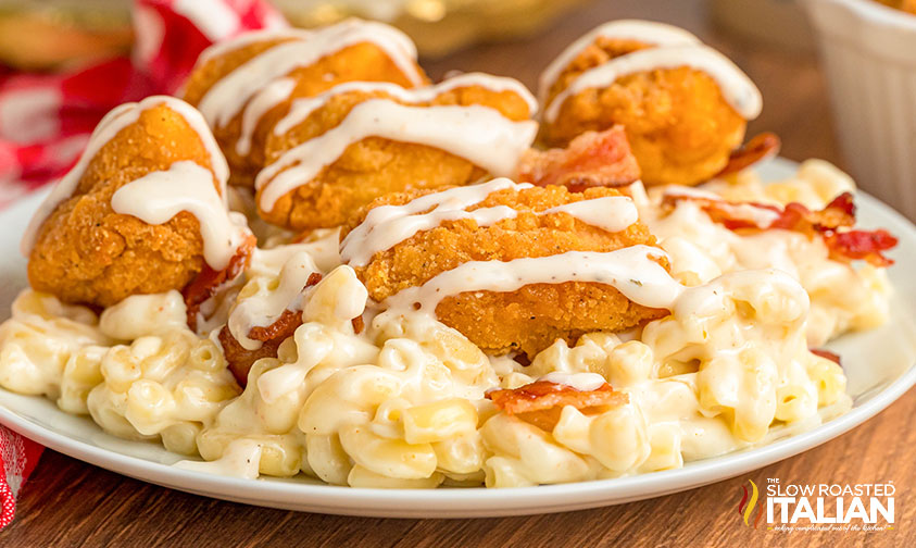 plate of Arby's copycat loaded mac and cheese