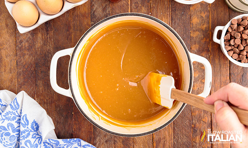 making caramel for fudge brownies