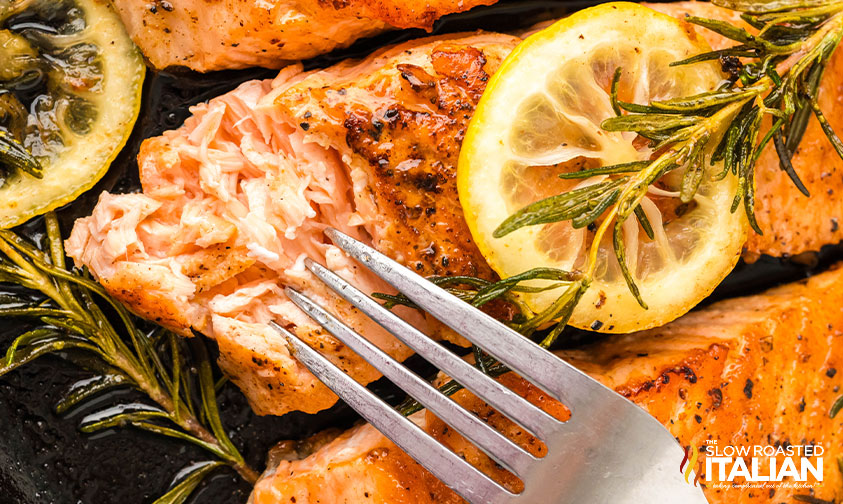 closeup of perfectly cooked cast iron skillet salmon