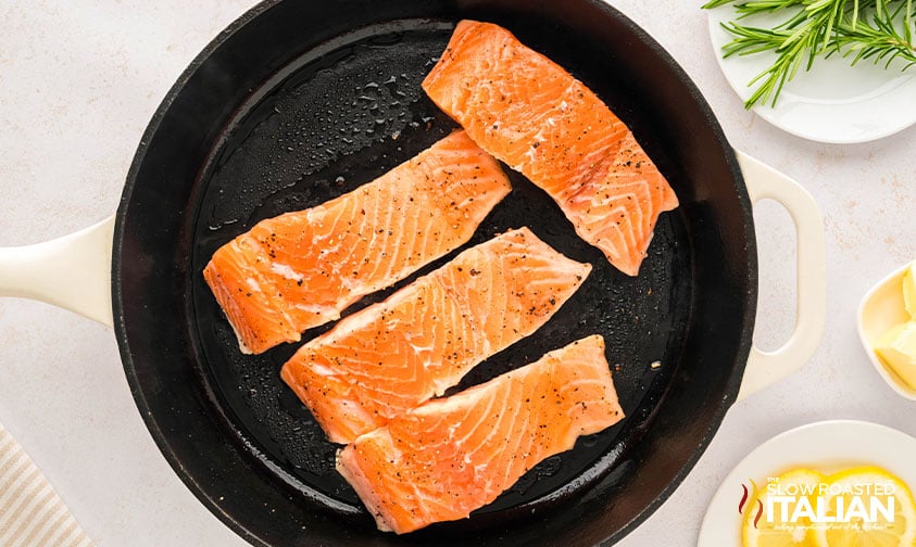 frying salmon in a cast iron skillet