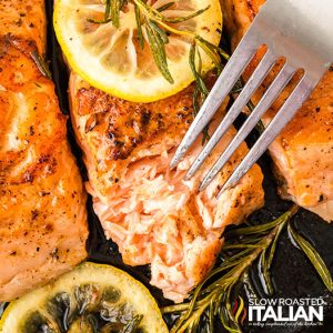 closeup of cast iron skillet salmon