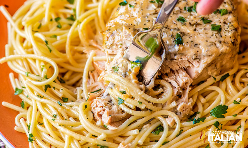 closeup of crockpot ranch pork chops