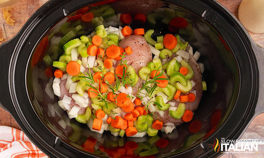 vegetables and chicken added to crockpot