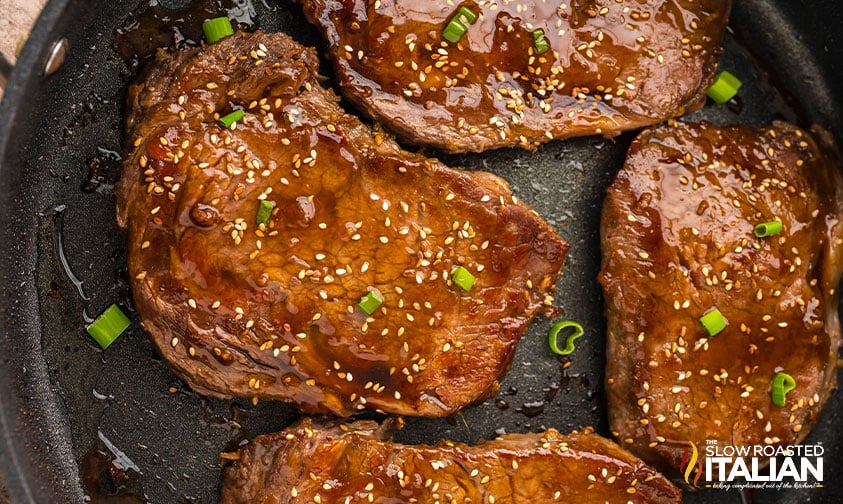 easy teriyaki steak in a large pan