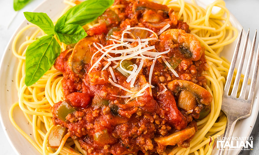 instant post spaghetti meat sauce over pasta on a plate