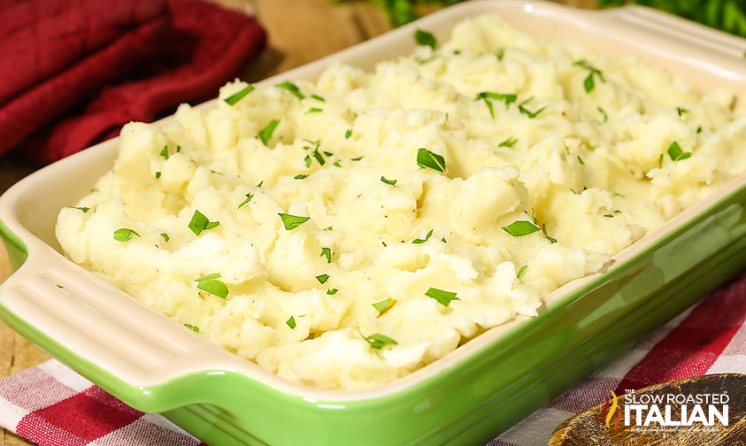 closeup of basic mashed potatoes in a casserole dish