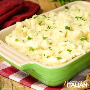 casserole dish of Nana's basic mashed potatoes