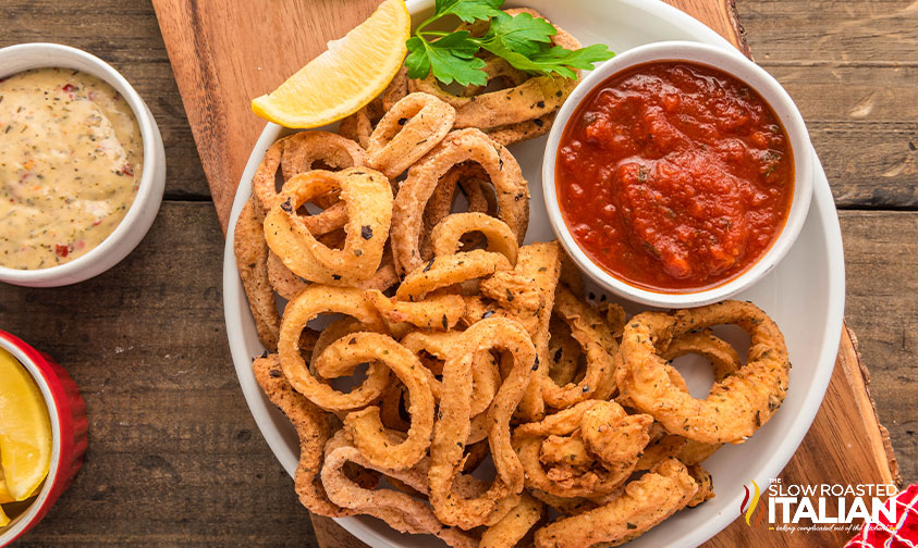 overhead view of olive garden calamari copycat