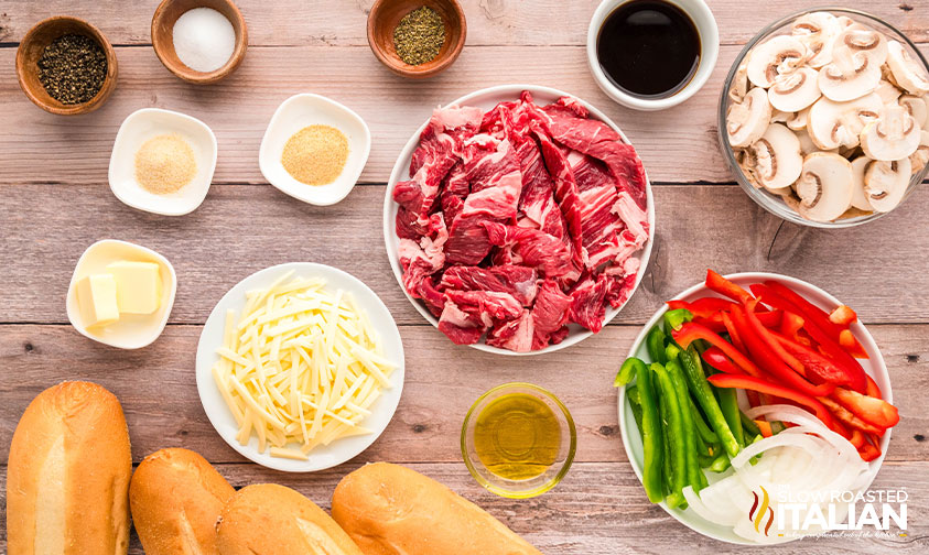 ingredients for one pan philly cheesesteaks