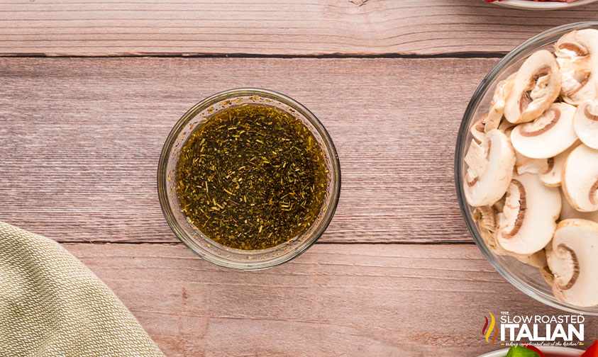 Worcestershire sauce, olive oil, garlic powder, onion powder, salt, pepper, and Italian seasoning in a small bowl