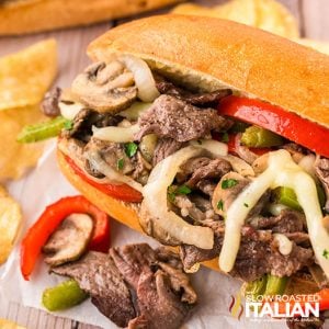 closeup of baked philly cheesesteak