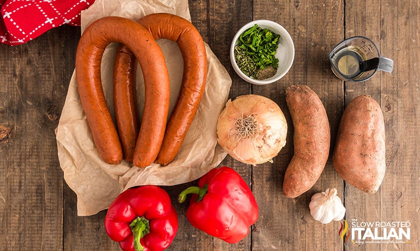 ingredients for sheet pan sausage and veggies recipe