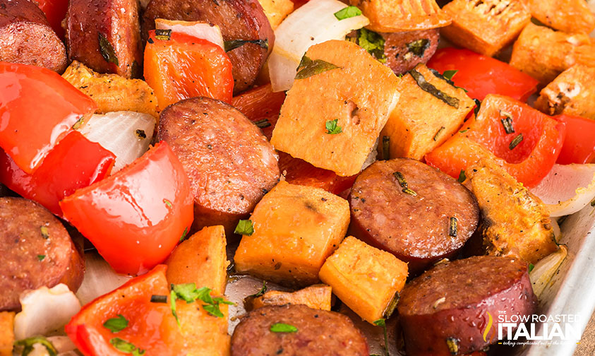 closeup of sheet pan sausage and veggies