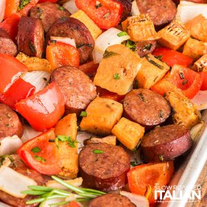 closeup of sheet pan sausage and veggies