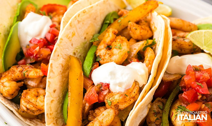 closeup of sheet pan shrimp fajitas