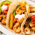 closeup of sheet pan shrimp fajitas