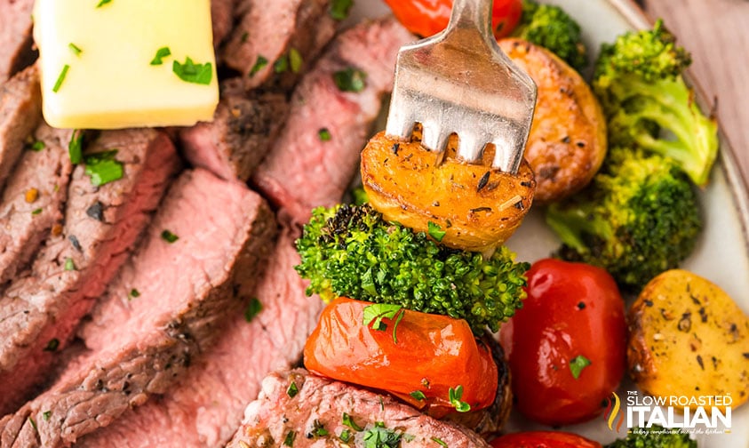 closeup of steak sheet pan dinner