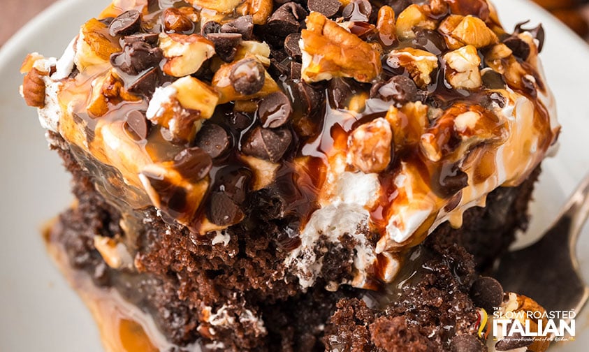 closeup of crockpot turtle chocolate poke cake