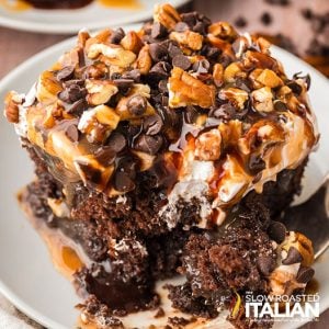 closeup of chocolate caramel poke cake