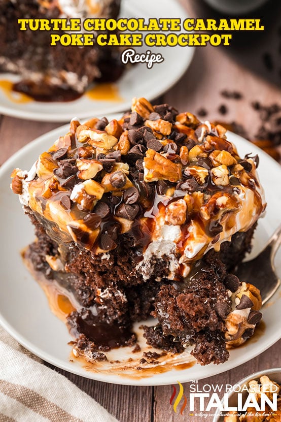 titled: Turtle Chocolate Caramel Poke Cake Crockpot Recipe