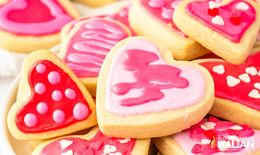 closeup of valentine's sugar cookies