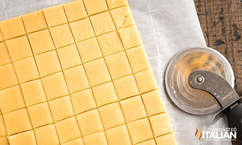 sugar cookie dough sliced into squares