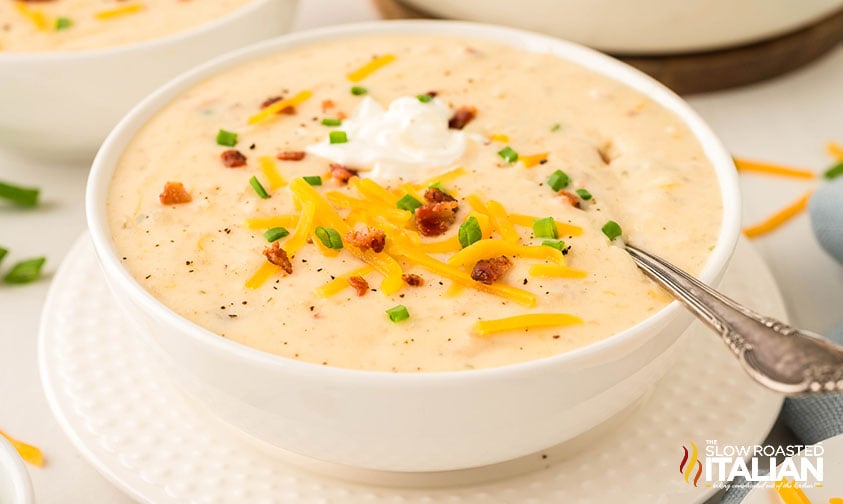 full bowl of baked potato soup