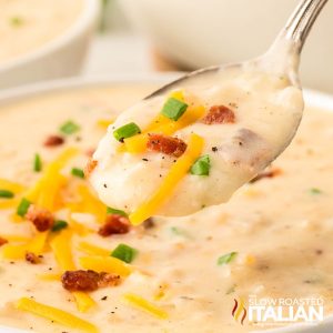 close up of baked potato soup