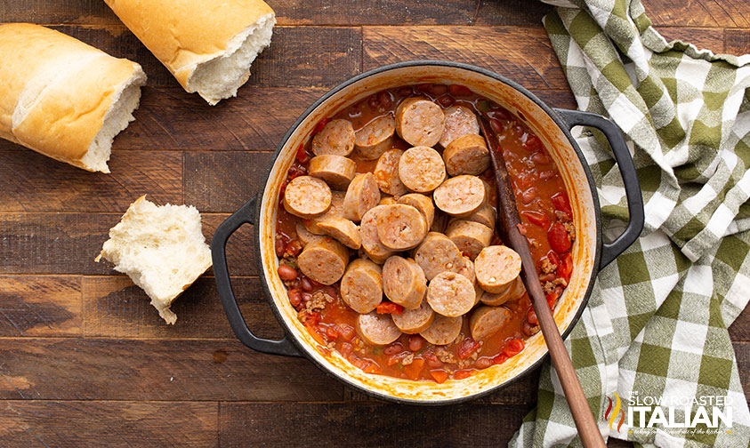 cooked sausage sliced and added back to pot