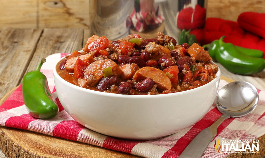 italian sausage chili in a white bowl