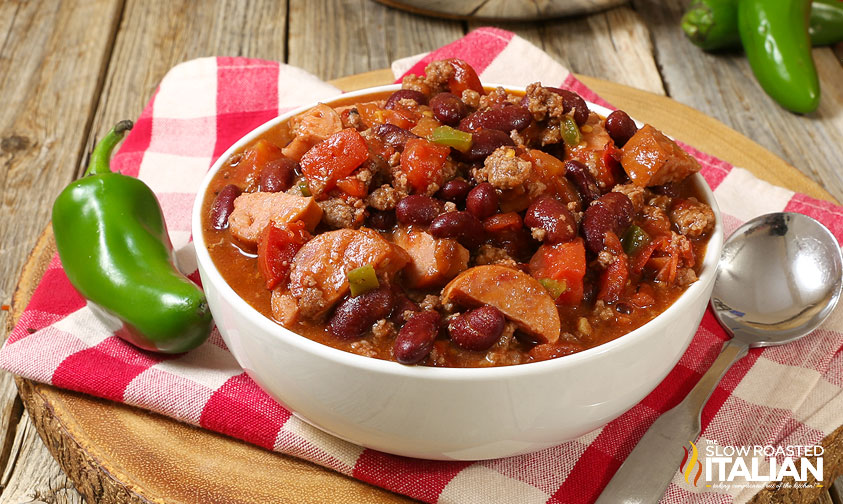 closeup of a bowl of hearty italian sausage chili