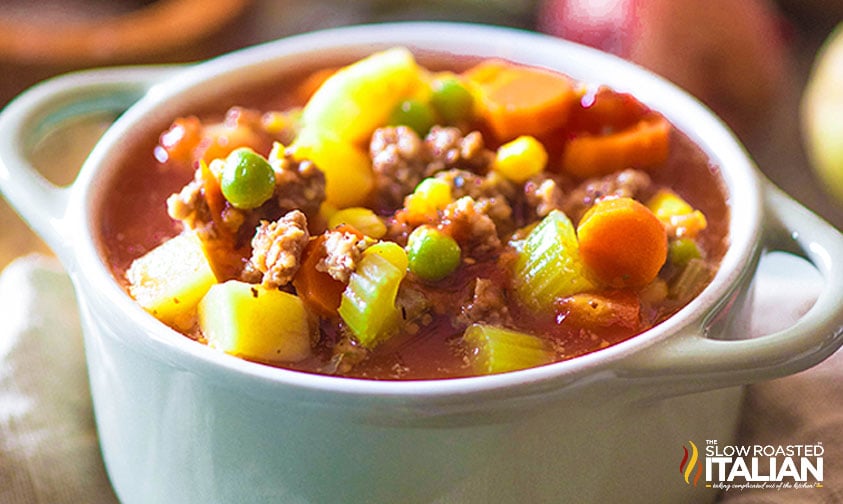 closeup of a bowl of crockpot sausage soup