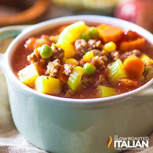 closeup of crock pot Sausage Soup in a bowl