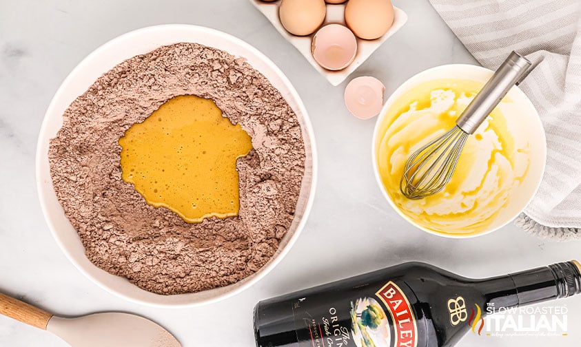 adding eggs to baileys boozy brownies