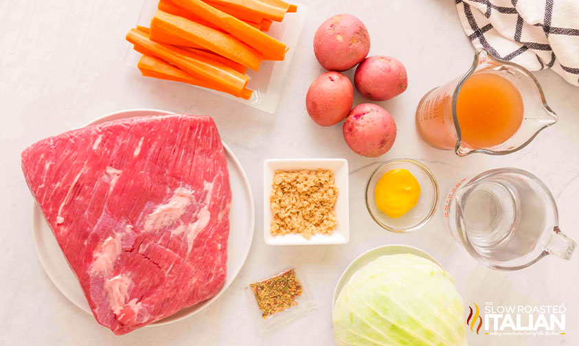 ingredients for corned beef and cabbage with potatoes