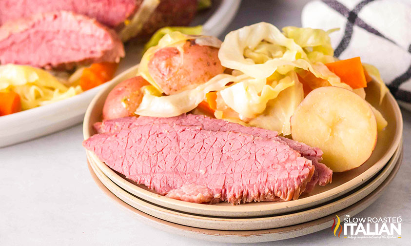 plate of corned beef and cabbage with potatoes