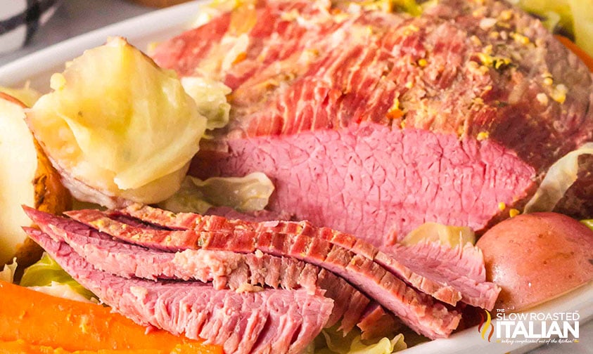 sliced corned beef and cabbage with potatoes