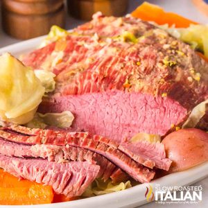 closeup of corned beef with cabbage and potatoes