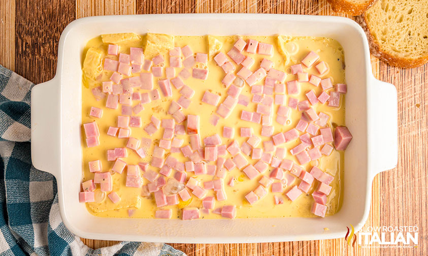 diced ham added to casserole dish