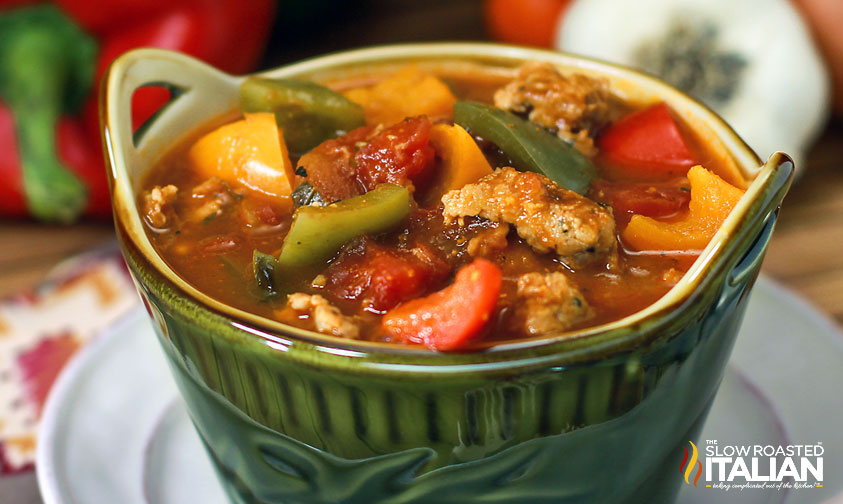 closeup of sausage and pepper soup