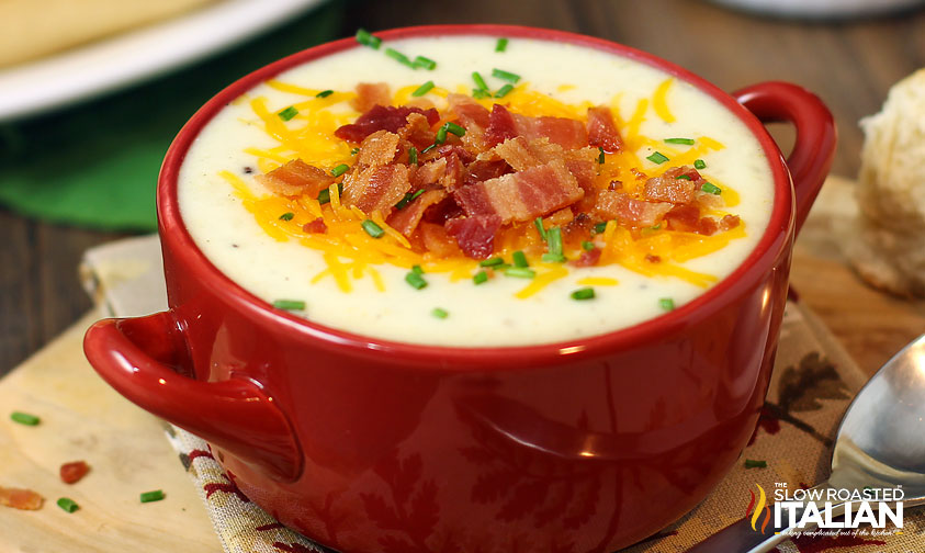 closeup of loaded baked potato soup