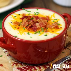 closeup of loaded baked potato soup