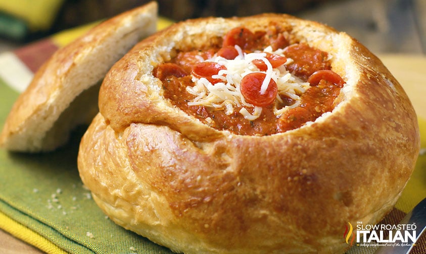 closeup of pepperoni soup in bread bowls